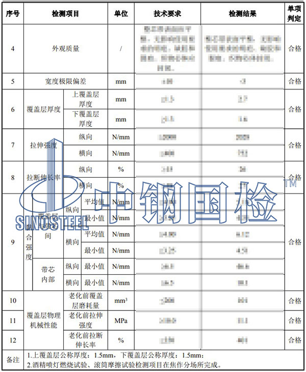 阻燃輸送帶檢測項目結果
